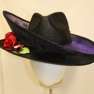 Black and purple wide brimmed hat.